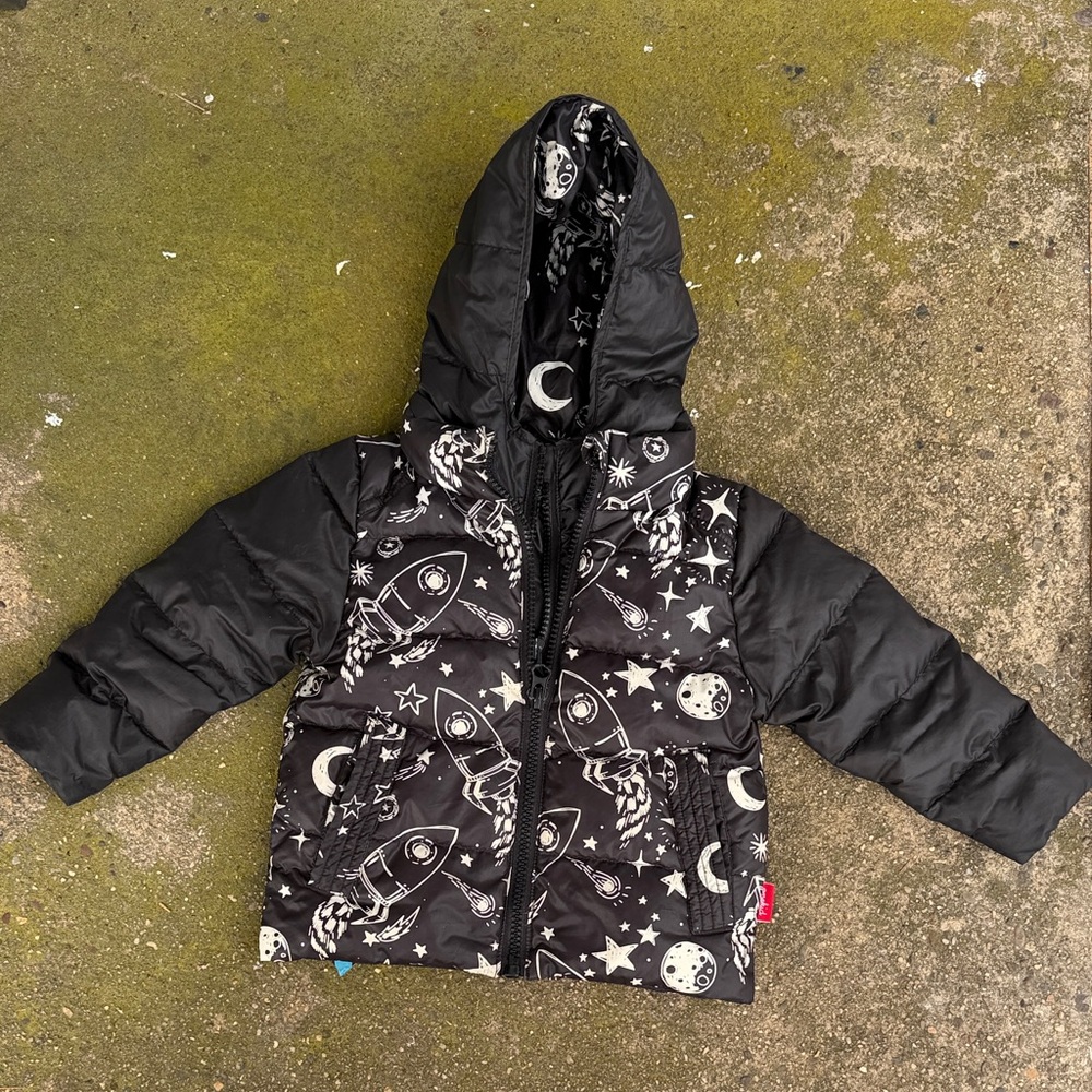 ONE KID Black Rocket Space Print Puffer DOWN Jacket